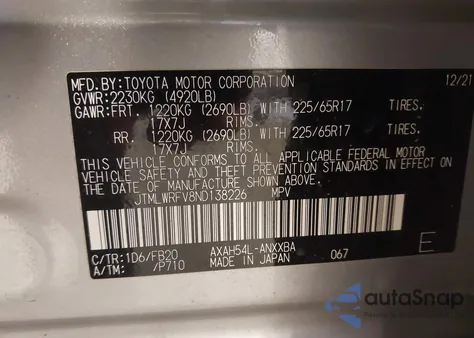 2022 Toyota Rav4 Hybrid Le from USA, damaged, VIN JTMLWRFV8ND138226
